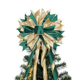 Green Gold Christmas Tree Topper, 40x13 Inches Toppers Bow with Glitter Satin Mesh Streamer and Patterned Ribbon, Christmas Tree Topper Bow for Christmas Home Decoration