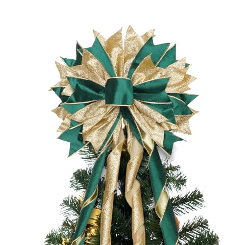 Green Gold Christmas Tree Topper, 40x13 Inches Toppers Bow with Glitter Satin Mesh Streamer and Patterned Ribbon, Christmas Tree Topper Bow for Christmas Home Decoration