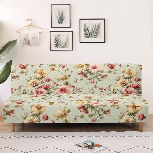 Retro Flower Armless Futon Cover Navajo Southwestern Ethnic Stretch Armless Sofa Slipcover with Elastic Bottom Washable Couch Covers for Sofa Decor