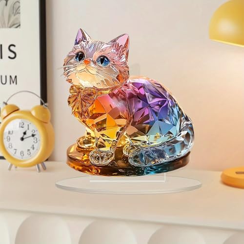 Rainbow Cat Figurine Acrylic Desktop Decoration, Suitable for Home Décor in Living Room or Office. Idea Gift C