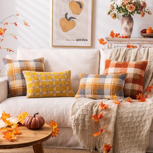 Plaid Fall Throw Pillow Covers Orange 24x24 Inch Set of 2