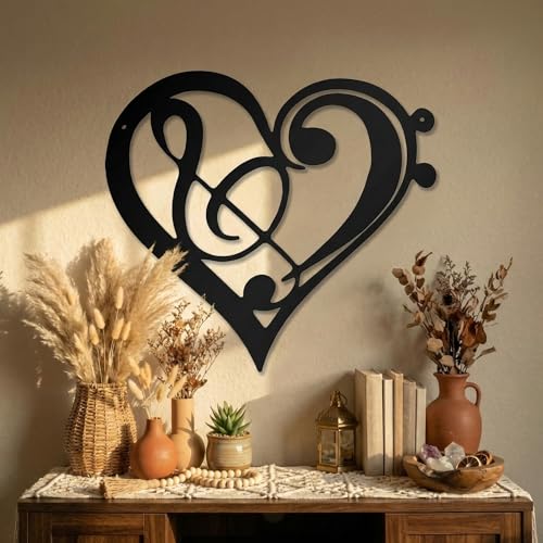 Zhengmy Heart Metal Music Wall Decor Musical Notes Metal Wall Art Vintage Theme Note Hanging Sign for Music Room, Bedroom, Living Room or Classroom 13.78 x 12.6 Inches