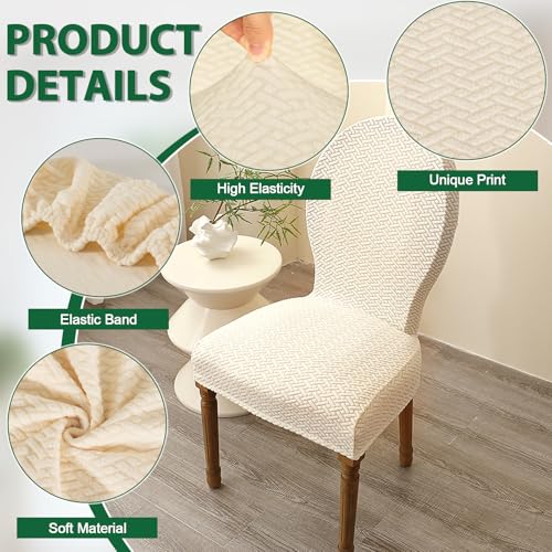 Jacquard Dining Chair Covers Set of 4, Stretch Round Back Chair Cover for Dining Room French Country Dining Chairs Slipcovers for Home Kitchen Hotel Banquet, Beige