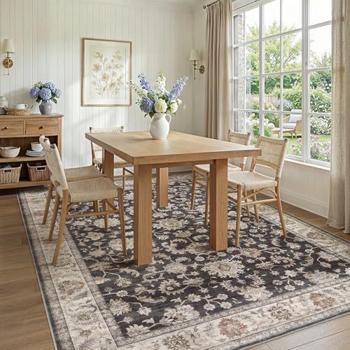Washable Area Rug 10x14 Non-Slip Floral Boho Dining Carpet, Black