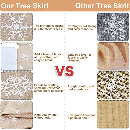 AerWo 48inch Christmas Tree Skirt with White Snowflake, Burlap Tree Skirt with Fur Sides Farmhouse Christmas Tree Skirts for Xmas Decor Festive Holiday Decorations Indoor Outdoor