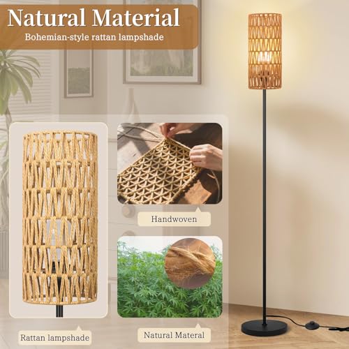 Floor Lamp for Living Room,Farmhouse Rattan Floor lamp,Modern Standing lamp with Hand-Worked Rattan Shade,Black Tall Lamp with Foot Switch for Bedroom,Kids Room,Office,LED Bulb is Included.