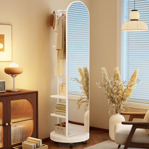 Solid Wood 360° Rotating Full Length Mirror,2-in-1 Floor Mirrors with Coat Rack and Swivel Wheels,2 Tiers of Shelves,with Hooks & Rods,Space Saving for Bedroom(White,50cm/19.7in)