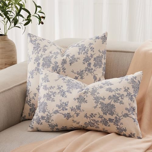 100% Cotton French Pastoral Throw Pillow Covers Set of 2, 18x18 Inch Blue Farmhouse Decorative Cushion Covers for Sofa Bed Living Room Home Decor