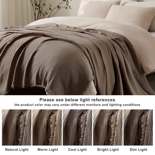 WDCOZY 100% Cotton Muslin Blanket King Size 4-Layer for Bed Breathable Lightweight Soft Large Boho Farmhouse Linen Tassels Ruffle Gauze Blankets 108x90 Inches Brown Mocha Chocolate Coffee Taupe