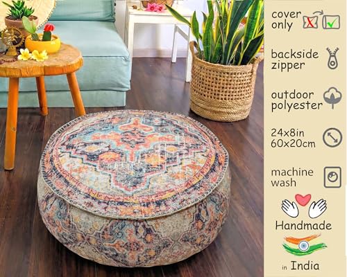 Mandala Life ART Bohemian Outdoor Floor Cushion Cover - Unstuffed 24x8 inches - Vintage Round Pouf Otttoman