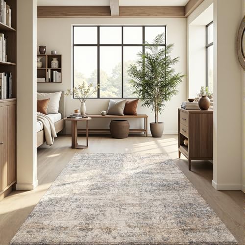 4x6 Grey Beige Washable Area Rug for Living Room, Vintage Print