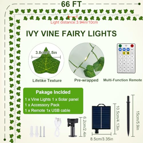OMIKA 66FT 200LED Vine Fairy Lights Solar Powered, 19 Modes & Timer Ivy String Lights with Remote, Green Leaf Lights for Indoor Bedroom Classroom Office Wall Garden Party Wedding Decor (Warm White)