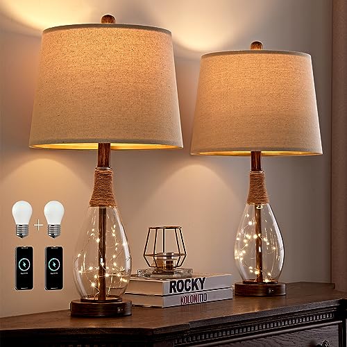 Bedside Table Lamps Set of 2 with USB, Modern Bedside Lamps Retro Farmhouse Rattan Glass Nightstand Nightlight Lamps for Bedroom Living Room Dorm,Two Light Points