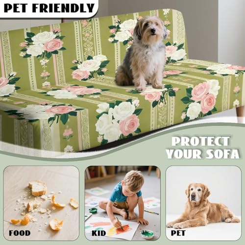 Rose 68 Inch Couch Covers for Armless Sofa Simple Stripe Slipcover for Furniture Protection Stretchable Futon Couch Cover for Indoor