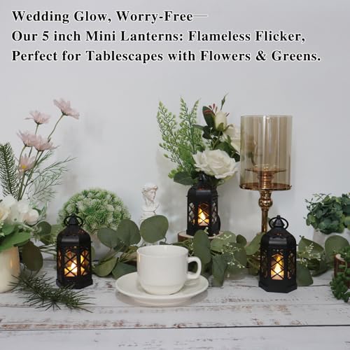 (8Pack-5Inch) Mini Lantern with Flickering LED Candle for Table Centerpiece, Black Halloween Decorations, Small Hanging Decorative Lantern for Wedding Christmas, Fall Garden Party Decor for Home