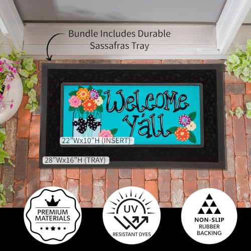 Evergreen Sassafras Doormat Insert Bundle & Tray Set of 5, Spring Summer Fall Winter Interchangeable Entrance Door mats Indoor and Outdoor Welcome Mat 30 x 18 Tray Non Slip Backing Low Profile