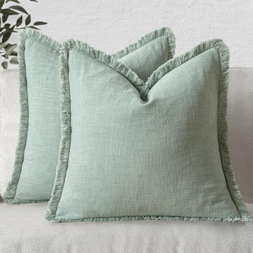 MIULEE Boho Linen Fringe Decorative Throw Pillow Covers Aqua Green 20x20