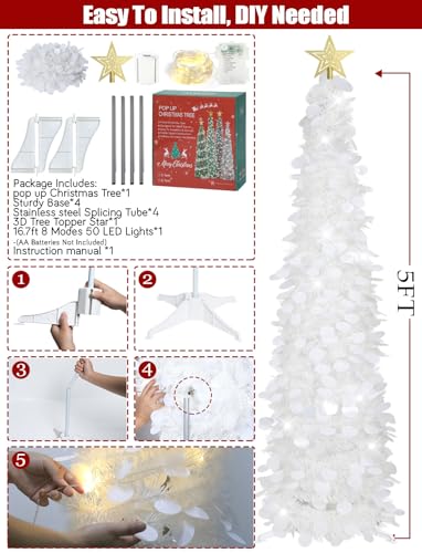 HMASYO 5 FT Pop Up Christmas Tree with Timer Lights, White Christmas Tinsel Tree, Collapsible Artificial Pencil Christmas Tree for Indoor Home Apartment Porch Holiday Party Decorations