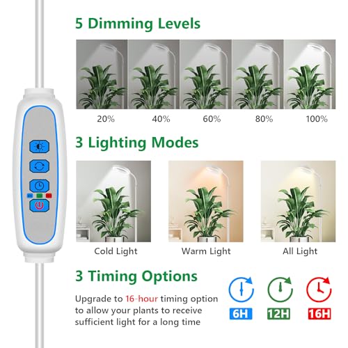 Floor Grow Lights for Indoor Plants, Full Spectrum Plant Light with 68" Stand for Growing Large Tall Plants, White Halo Grow Lamp with 6/12/16H Timer, 3 Light Modes, 5 Dimming