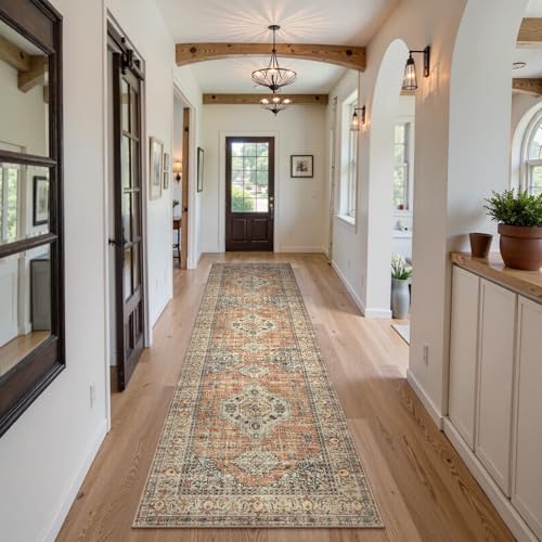 Lahome Oriental Kitchen Runners for Hallways, 2.5x10 Washable Runner Rug Non Slip, Soft Hallway Rug Distressed Ultra-Thin Long Carpet for Bathroom Entryway ‎Bedroom Eleanor, Peach/Orange