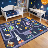 Outer Space Kid Rug，Boys Car Rug for Kids Toy Cars Have Fun Safely, Non-Slip Educational City Road Rugs Carpets for Kid Room Bedroom（47×31 in