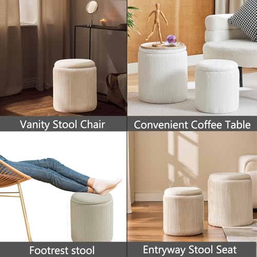 Round Ottoman with Storage Set of 2-White Velvet Vanity Stool