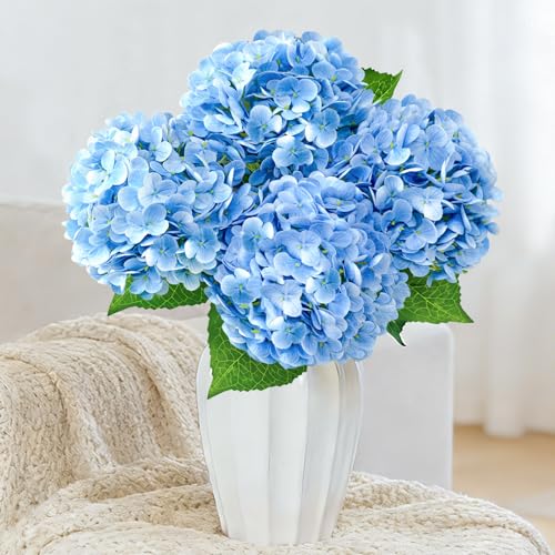 3 Pcs 21" Real Touch Blue Hydrangea Artificial Flowers with Stems, Fake Silk Flowers for Outdoors, Artificial Flowers for Home Decor Wedding Bouquets Centerpieces Vase