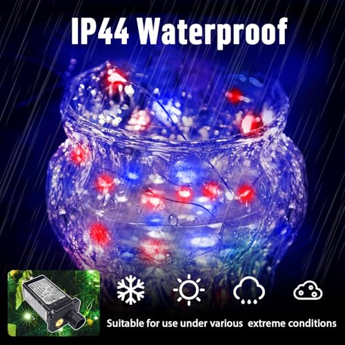 LAMPHOME Red White Blue Patriotic Fairy Lights Plug in, 33Ft 100 LEDs Waterproof Twinkle Firefly Lights, Adaptor Included Starry String Light for Independence Day Patriotic Holidays Decoration