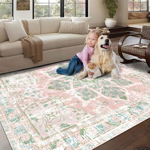 Vhong Boho Area Rugs Vintage Washable Neutral Modern Dusty Pink and Green 5x7 Non Slip Carpet for Nursery Living Room Dining Room Bedroom Farmhouse Girls'Room