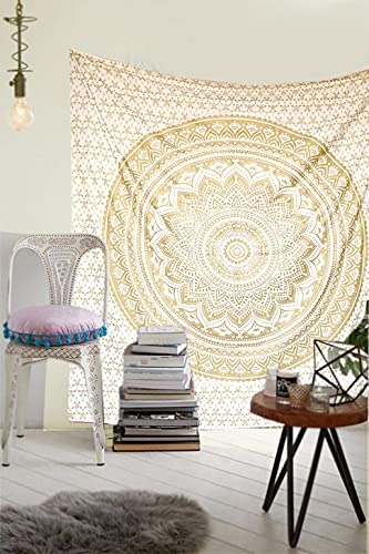 raajsee Top Selling Original Gold Mandala Ombre Tapestry Wall Hanging, Boho Bohemian Hippie Tapestries/Indian Cotton Dorm Decor Golden Twin Bedspread/Meditation Yoga Mat Rug 52x60 inches