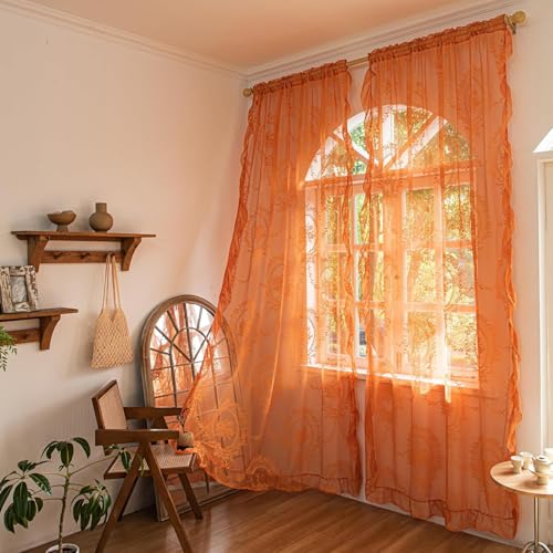 Deeprove Orange Lace Sheer Curtains 84 inches Long 2 Panels Set, Boho Burnt Terracotta Florals Embroidery Vintage Window Treatment Pair Fall Decor Drapes for Farmhouse Bedroom Living Room, W57 x L84
