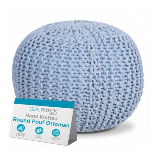 BIRDROCK HOME Round Pouf Ottoman Foot Rest - 18.5”x18.5”x15” Boho Compact Comfortable Soft Cotton Braided Foot Stool with Bean Bag Filling for Living Room, Bedroom, or Nursery (Soft Blue)