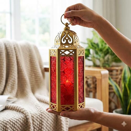 Vela Lanterns Decorative Indoor Moroccan Candle Holder, Gold Red, M