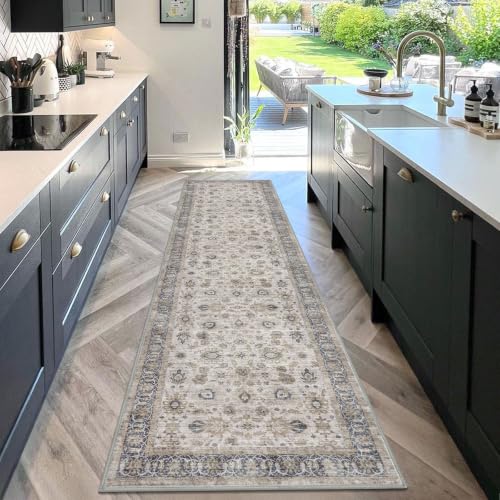 KOZYFLY Vintage Washable Rug Runner 2.6x10 Hallway Rug Runner Grey/Beige