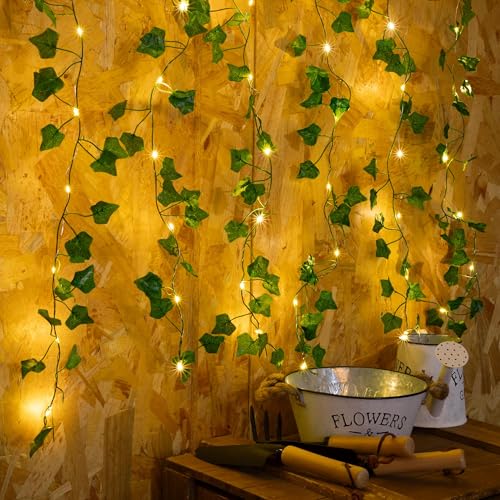 2 Pack 6.56FT Vines with Lights, Fake Ivy String Lights Battery Operated, 40 LEDs Green Leaf Lights with 8 Modes, Artificial Vines with Fairy Lights for Bedroom Wall Garden Party Decor
