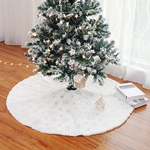 Christmas Tree Skirt 30/36/49 inches Xmas White Tree Skirts Snowflake Embroidery for Christmas Decorations Holiday Party 198 Silver 78
