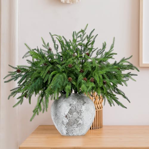 Yinder Xmas Norfolk Pine Branches with Pine Cones Norfolk Pine Artificial Xmas Branches for Xmas Indoor Outdoor Home Decor(16 Pcs)