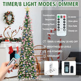 6 FT Pop Up Christmas Tree with 100 LED Timer Lights & Remote, Green Collapsible Christmas Tinsel Tree Artificial Pencil Tree Xmas Decoration for Holiday Home Office Party, USB Powered