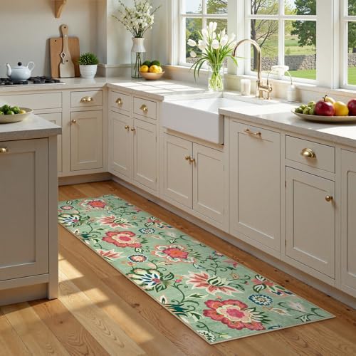 Floral Kitchen Runner Rugs Non Skid Washable, Low Pile Ultra Thin Rug Runners 2x6, Non Slip Paisley Carpet for Laundry Bedroom Entrance Bathroom (Light Green,2'x6')