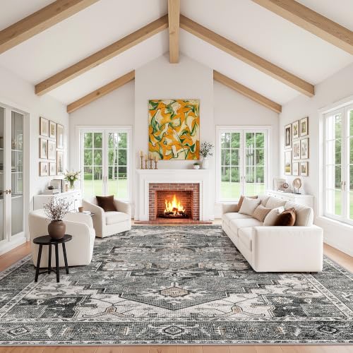 LIVELYGLOW 9x12 Retro Vintage Area Rug, Non-Slip Carpet, Gray Vintage