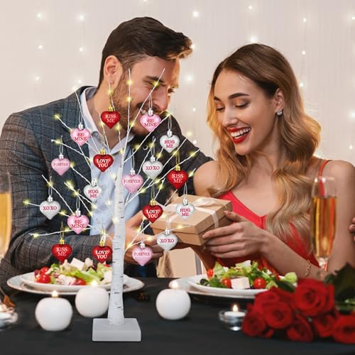 [Timer] Valentines Decor 24 Inch Valentines Decorations Lighted Tree with 18 Heart Ornaments, USB/Battery Operated Valentines Decor Tree Light, Valentines Decorations for Home Table Bedroom