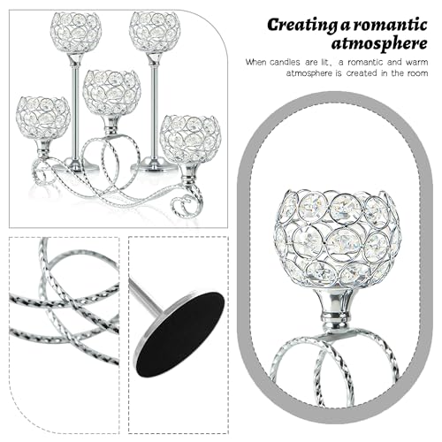 Silver 5 Arm Metal Crystal Tea Light Candle Holder, Elegant Wedding Table Centerpiece Candle Holder, Christmas Wishing Crystal Bowl Candle Holder Suitable for Wedding Party Living Room Decoration