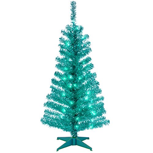 National Tree Company 4 ft Pre-Lit Turquoise Tinsel Mini Artificial Christmas Tree, 70 Clear Lights, 110 Tips, Includes Stand