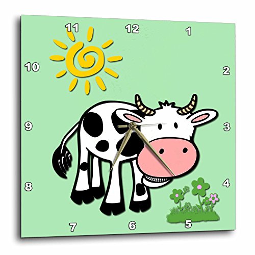 3dRose DPP_218370_3 Cute Cow Light Lime Kids Decor Popular Print Wall Clock, 15" x 15"