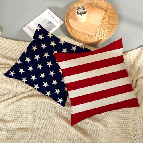 4th of July Pillow Covers 18 x 18 Inch Set of 2 Patriotic Red Stripe Navy Blue Stars Throw Pillows Independence Day Memorial Day Outdoor Decorative Pillowcase Linen Cushion Cases for Bed Sofa Couch