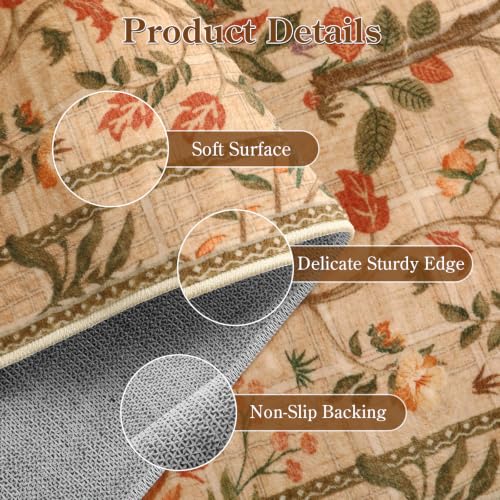Machine Washable Area Rugs 5x7, Boho Floral Dining Room Rug Non Slip, Soft Low-Pile Flower Indoor Floor Throw Carpet for Living Room Home Office Playroom Foyer, Brown