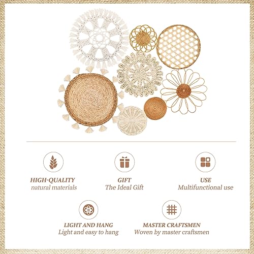 Boho Wall Basket Decor Set of 8 - Flat Woven Basket Wall Hanging Decor,Round Tassels White Macrame Tapestry Wall Decor Art,Handmade Rattan Wicker Seagrass Home Wall Baskets Decor（Boho Classic)