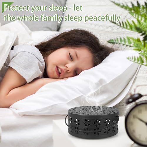 Portable Iron Mosquito Coil Holder with Handle Round Heat-Resistant Incense Holder (2 Pack Black)