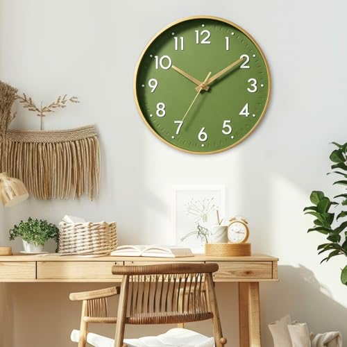 Mosewa Wall Clock 8 Inch, Battery Operated Silent Non-Ticking Modern Analog Clock Decorative for Kitchen, Bedroom, Office(Olive Green and Gold)