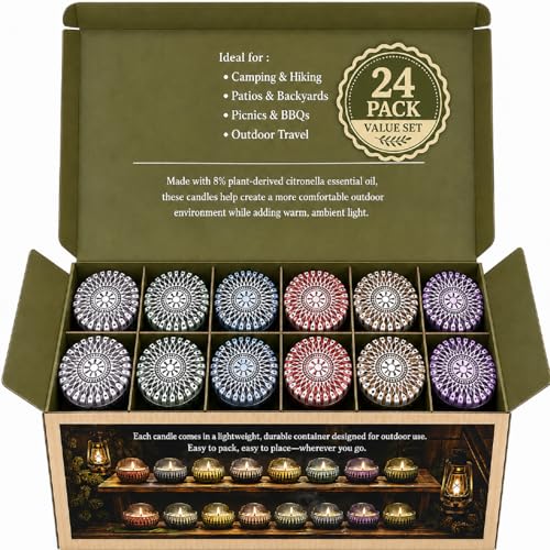 24 Pack Citronella Candles Outdoor, 2.5 oz Soy Wax Tin Candles with 8% Citronella Oil, Up to 600 Hours Total Burn Time, Portable Patio Candle Set for Backyard, Camping, BBQ & Summer Use